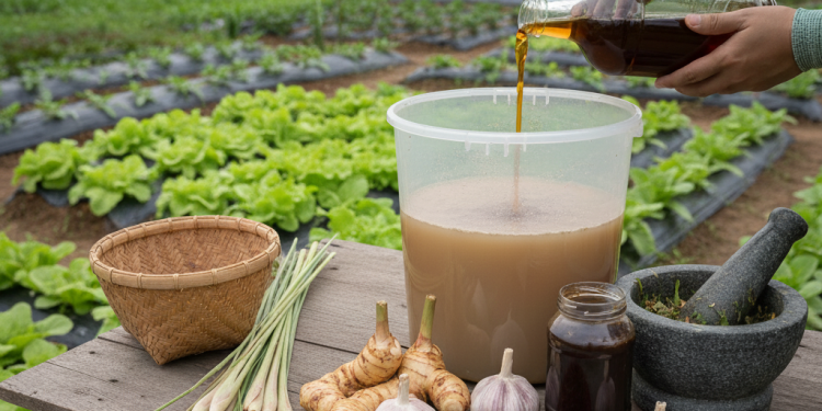 สูตรหมัก “น้ำส้มควันไม้” ผสมสมุนไพร เพิ่มพลังป้องกันเพลี้ยและเชื้อราในแปลงผัก